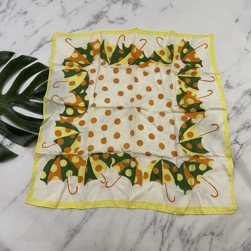 Vintage 60s Umbrella Print Square Scarf Yellow Green Polka Dot Novelty Acetate
